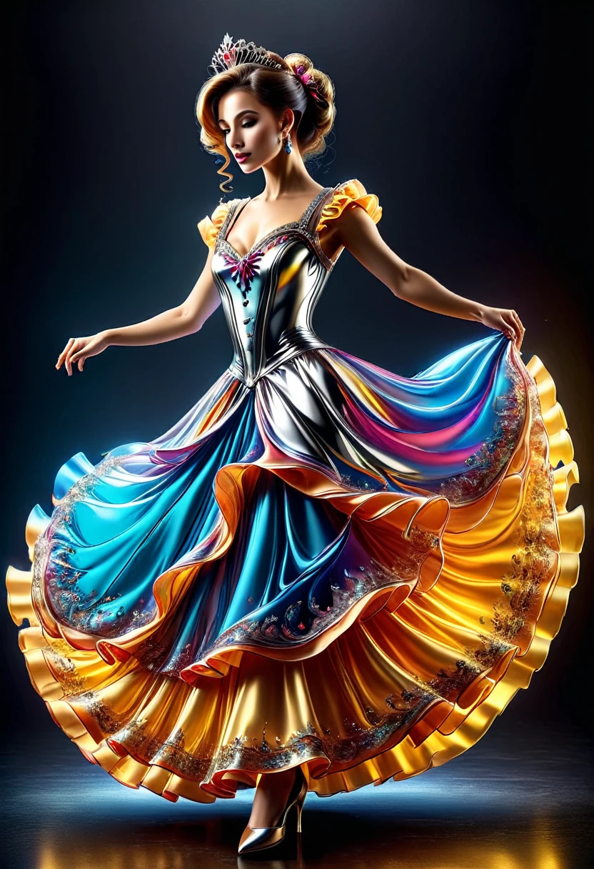 a ((liquid metal portrait: 1.5)) of woman ballroom dancer, a full body picture ((anatomically correct: 1.5)) ultra detailed face,  dynamic hair color, dynamic hair style, dynamic skin complexion, best detailed face, of a exquisite beautiful female ballroom dancer, she is wearing a (colorful ballroom dress: 1.3), best detailed dress, colorful dress, multicores dress, royal fantasy ballroom background, ais-moltenz, artxldnc, ba11g0wnת princess dress