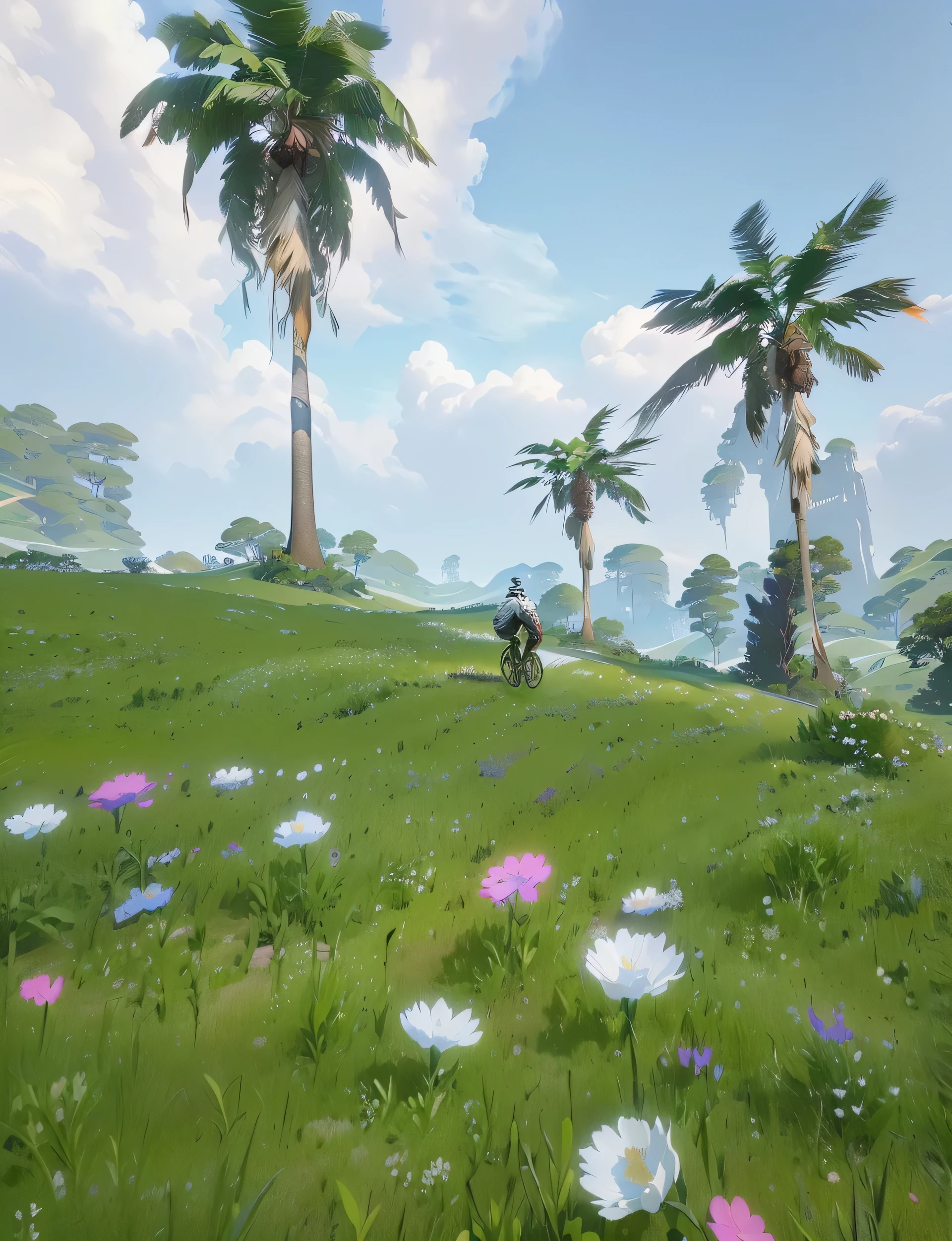 A man riding a bicycle on a grassy hill, Beautiful screenshots, Flower environment, summer Unreal Engine 5, ( ( Unreal Engine ) ), Next to some exotic plants, Unreal Engine ; Romantic Theme, nice environment, Peaceful countryside environment, Hyper-realistic environment, There are flowers everywhere, Rich vegetation, Standing in the flower field, Epic Bay,waves crashing,plant
