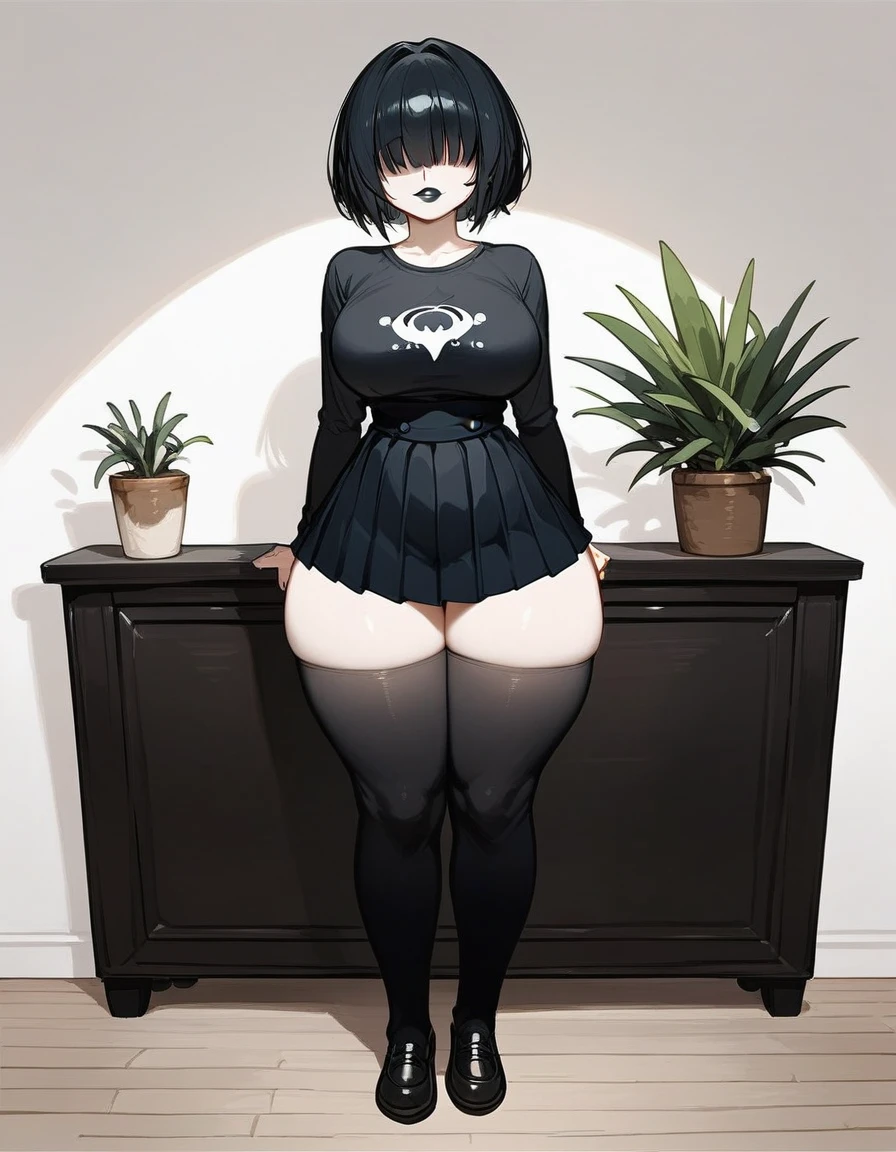 1girl,goth, fair skin, hair bangs covering her eyes, no eyes showing, black lipstick, short bob hairstyle, large breasts,c, slim waist, massive thighs, thick thighs, wide hips, wearing a small tight black t shirt, black pleated microskirt, black thigh highs, small black slip on flats, flats shoes, standing up, white background , up close, entire body showing