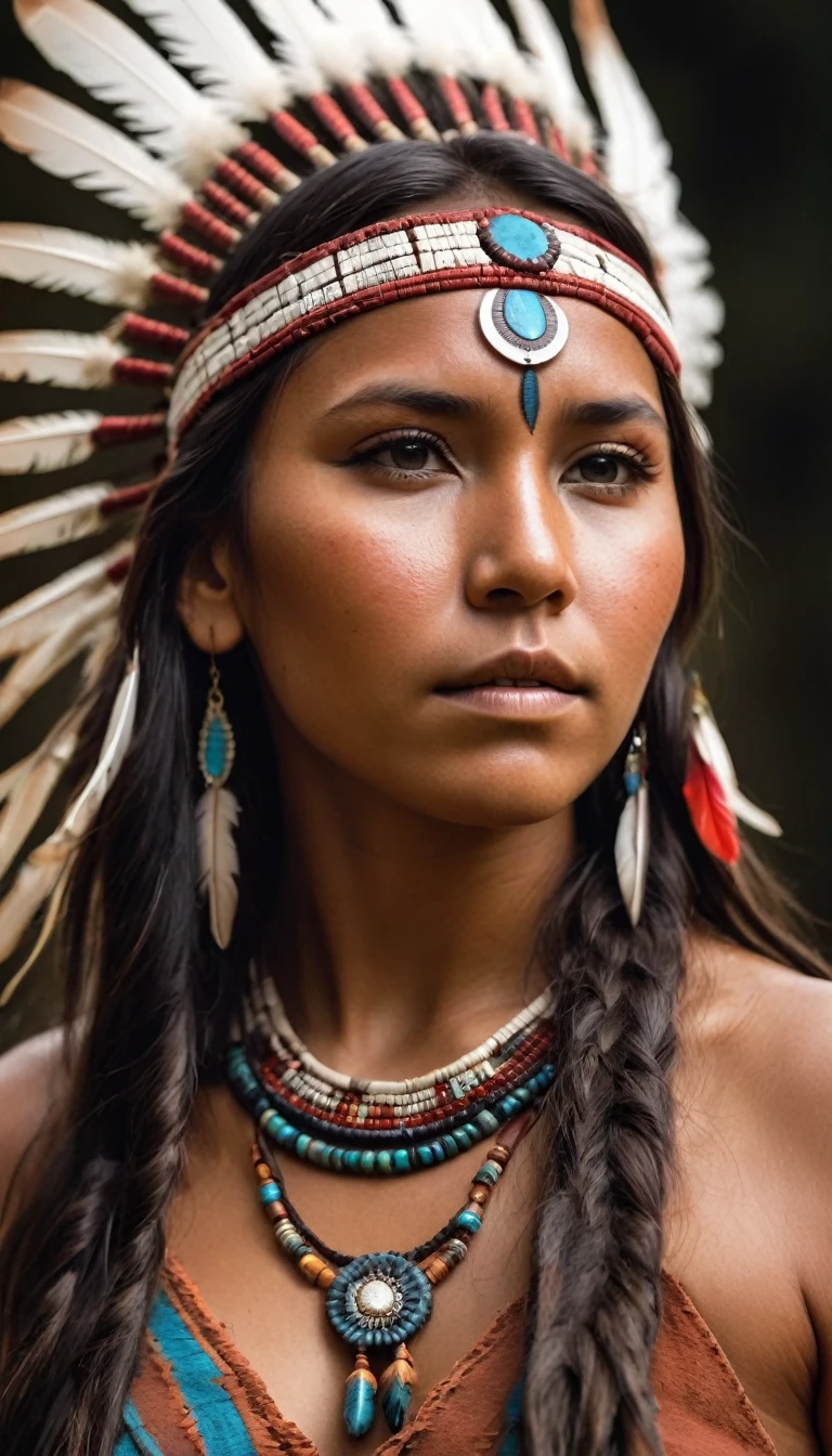 realistic photo of girl (native american) has long hair, dark skin, feathers, hair ornament, jewelry, necklace, tribal, headdress, armlet, facepaint, bracelet, imersive background, , realistic photo, full shot, nipples, otion blur, ray tracing, wide shot, low angle, raw photo, hdr, film grain, 8k, super detail, ccurate, best quality