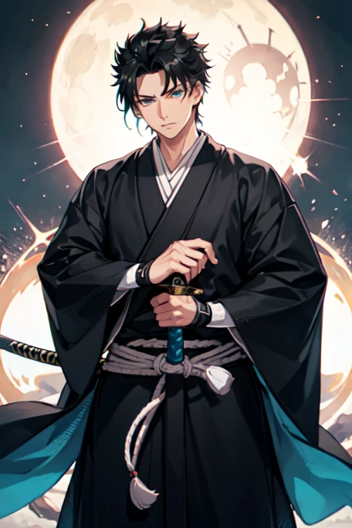 One attractive man, black hair, blue eyes, wearing black shihakusho, high res, ultrasharp, 8k, masterpiece, sword in hand, looking at viewer