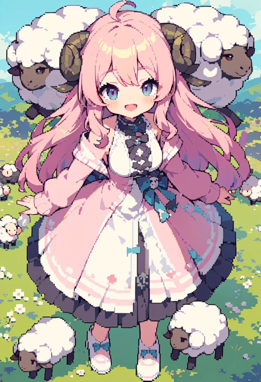 masterpiece, Highest quality, 8k, Pixel art, Pixel art, Vivid, woman, 若いwoman, smile, cute, Directed at an angle, Open your mouth, Fluffy hair, Long Hair, sheepの毛のような髪, Pink Hair, eyebrow, 太いeyebrow, one piece, Pink clothes, Long skirt, Spread your wings, cardigan, 水色のcardigan, shoes, 茶色いshoes, grassland, ((sheep, もこもこのsheep, 大きいsheep, sheepの背に女の子が乗っている)), sheepの群れ