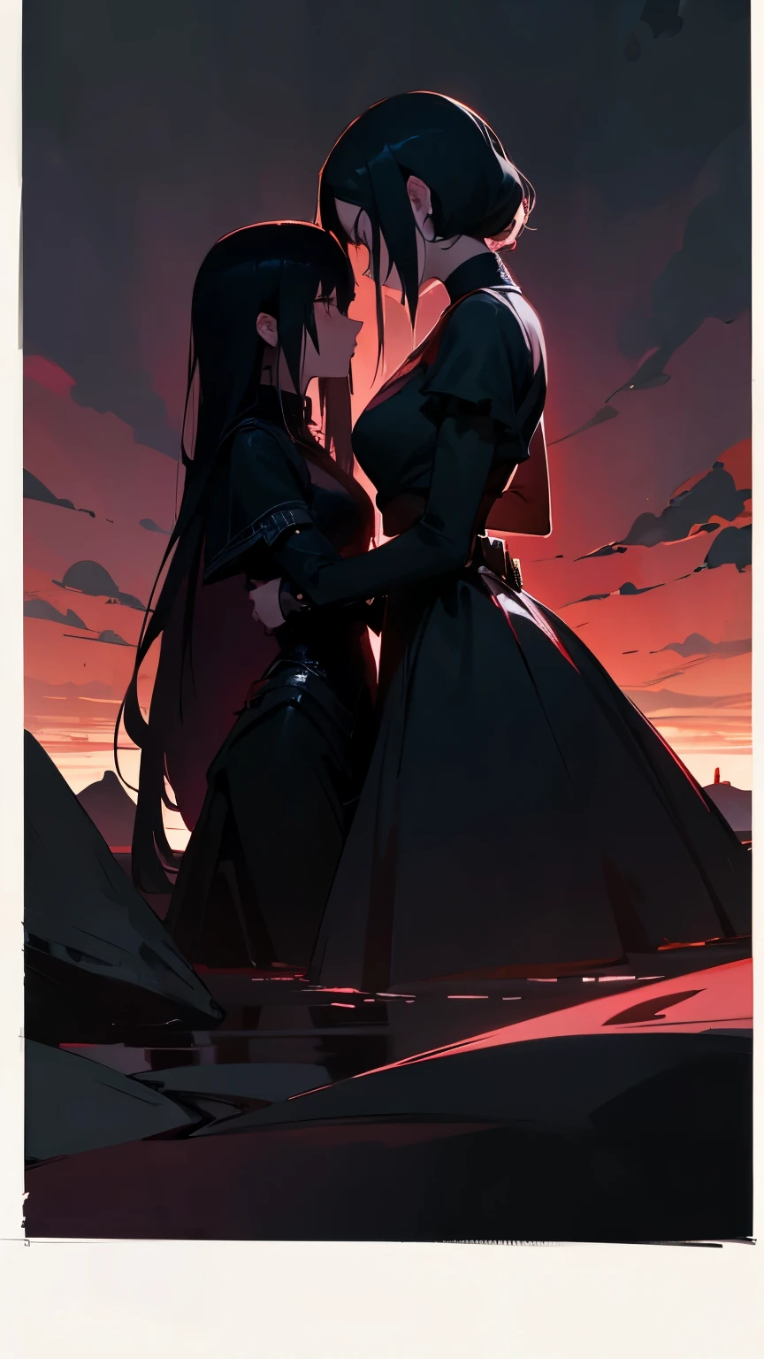 Girl Loves Woman, dark, dynamic pose, Two Girls, Excellent quality, lots of detail, Two girls in a relationship, Dark colors, depth, twilight, Darkness, dark colors, danger