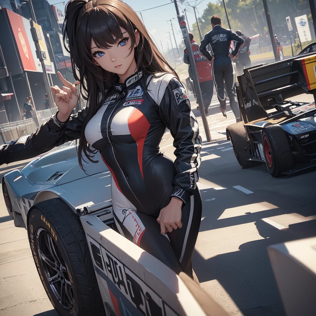 (((masterpiece))),(((High resolution)))、(((8K)))、(((beautiful woman racer))), ((racing suit)), ((top quality eyes)), ((detailed face)), ((detailed texture)), look at the camera