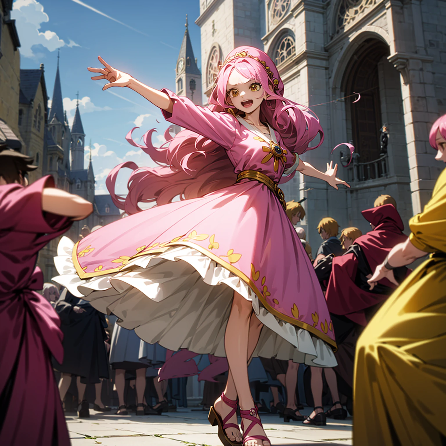 Solo character, full body version, young girl, long curly hair, pink colored hair, yellow eyes, open mouth, happy eyes, medieval outfit famele, sandals, town, carnival, skyblue, dancing gesture, (one piece style art), people, motion blur