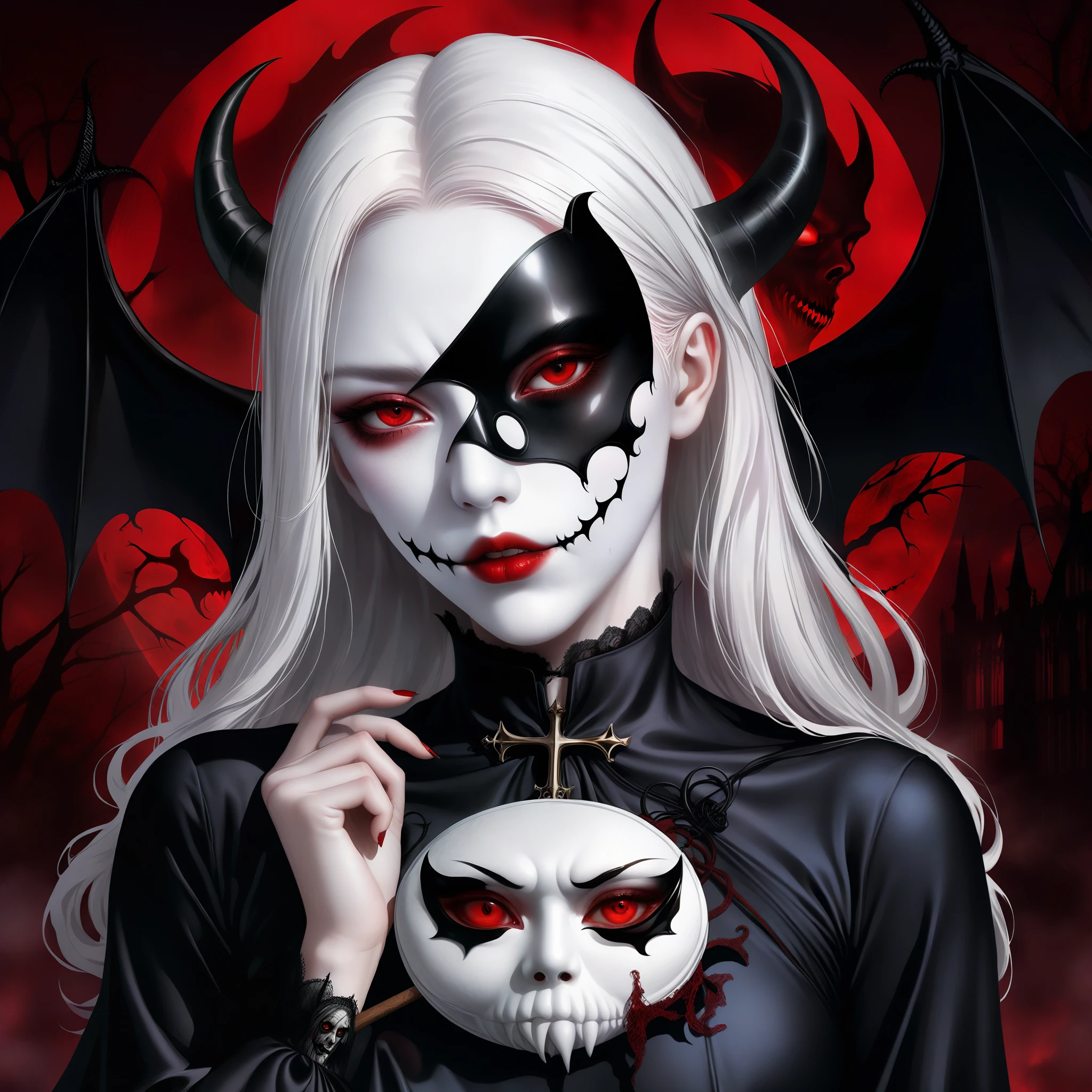 （I hold the mask in my hand：1.5），（White-haired ghost with an eye patch，straight hair，Red eyes），（Gothic art），（The devil is behind her），（fear：1.5），（Correct human anatomy：1.37）