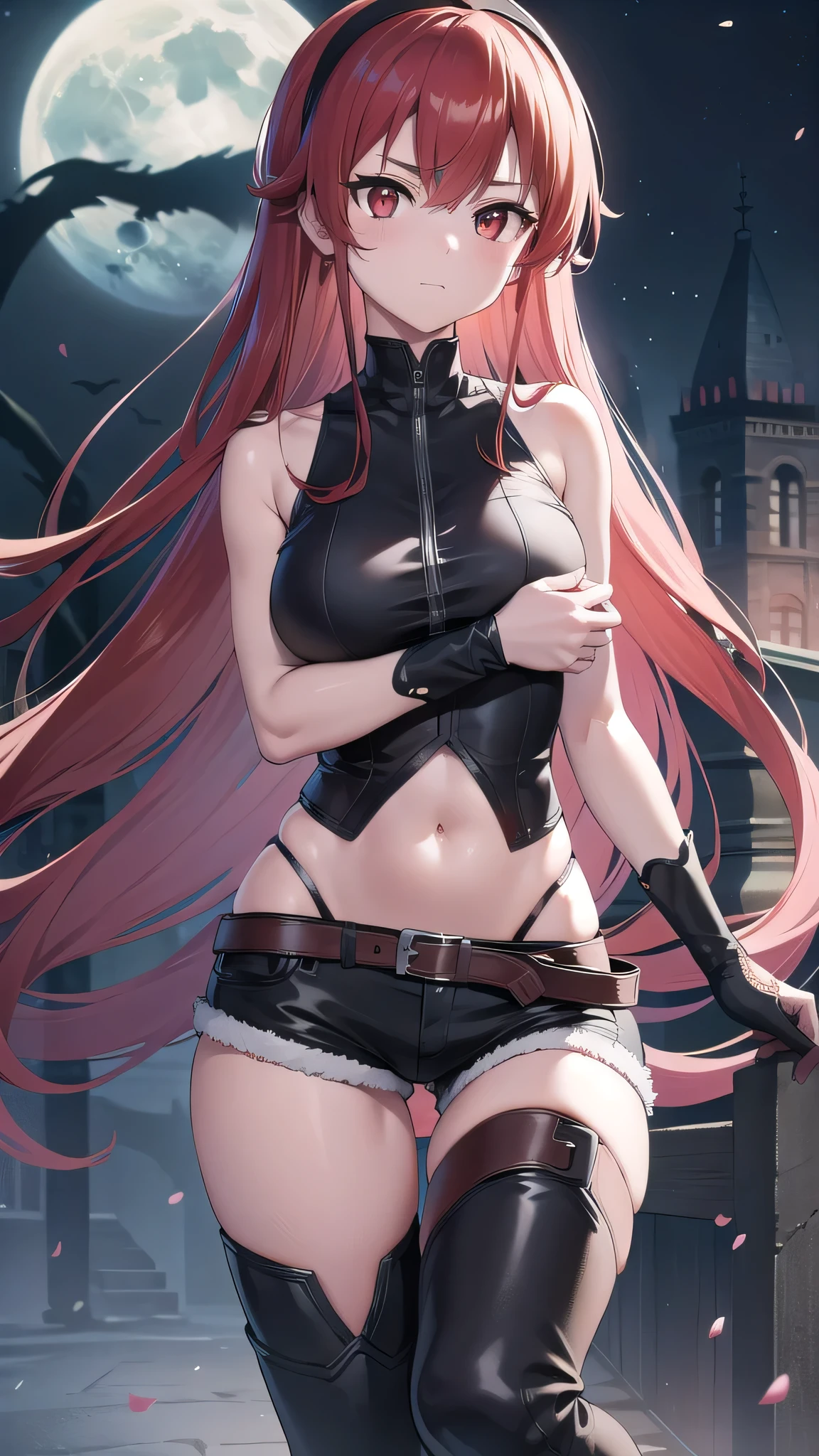 BREAK looking at viewer, BREAK (masterpiece:1.2), best quality, high resolution, unity 8k wallpaper, (illustration:0.8), (beautiful detailed eyes:1.6), extremely detailed face, perfect lighting, extremely detailed CG, (perfect hands, perfect anatomy),castle,night,moon,starfall,mist,wet road,reflections,eris greyrat, ahoge, hair between eyes, long hair, (red eyes:1.5), red hair, sidelocks, (medium breast:1.2),bare arms, bare shoulders, belt, black footwear, black gloves, black shorts, black thighhighs, boots, crop top,gloves, hairband, black hairband, midriff, navel, shirt, short shorts, shorts, sleeveless, sleeveless shirt, stomach, thigh boots, thighhighs, white shirt, wing collar,upper body,