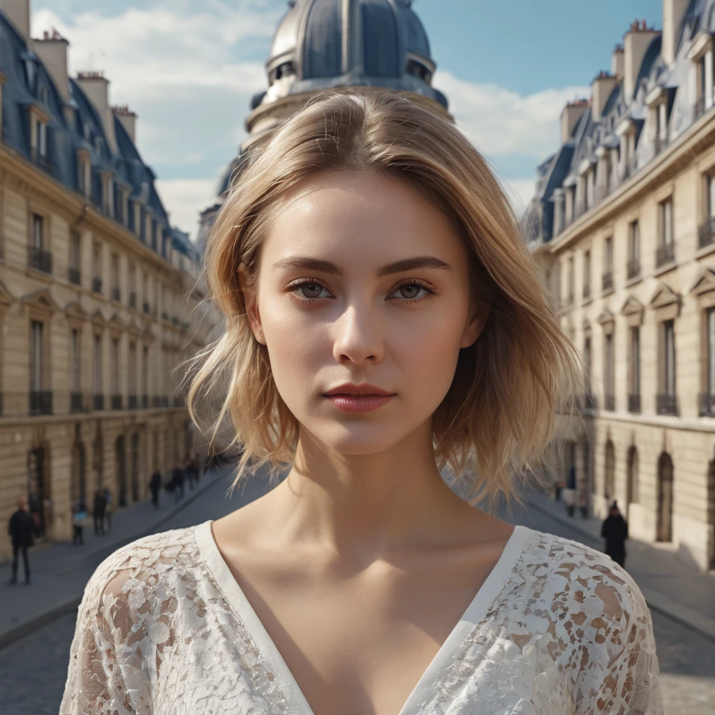 femme debout dans une pièce avec beaucoup de photos, portrait doux 8 k, Sergei Zabelin, photographie couleur portrait 4k, by Fyodor Rokotov, Photographie de portrait artistique 8k, Alexey Egorov, sur Irakli Nadar, Superbe portrait, French girl, highly detailed VFX portrait, beau portrait, blond hair. a background in a Paris museum.