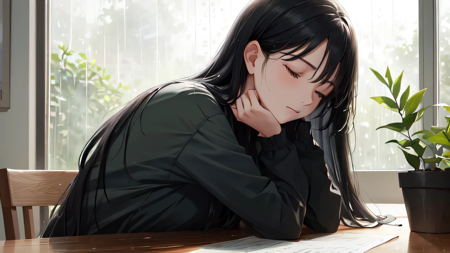 A young woman person with long black hair sleeps on a wooden desk, resting their head on crossed arms. The scene captures a cozy room during a rainstorm, with raindrops visible on the window. A smartphone is plugged into a charger beside a few sheets of paper on the desk. Soft, warm light emanates from the window, contrasting with the dark, rainy atmosphere outside. Green leaves are faintly visible in the window frame, adding a touch of nature to the indoor scene.