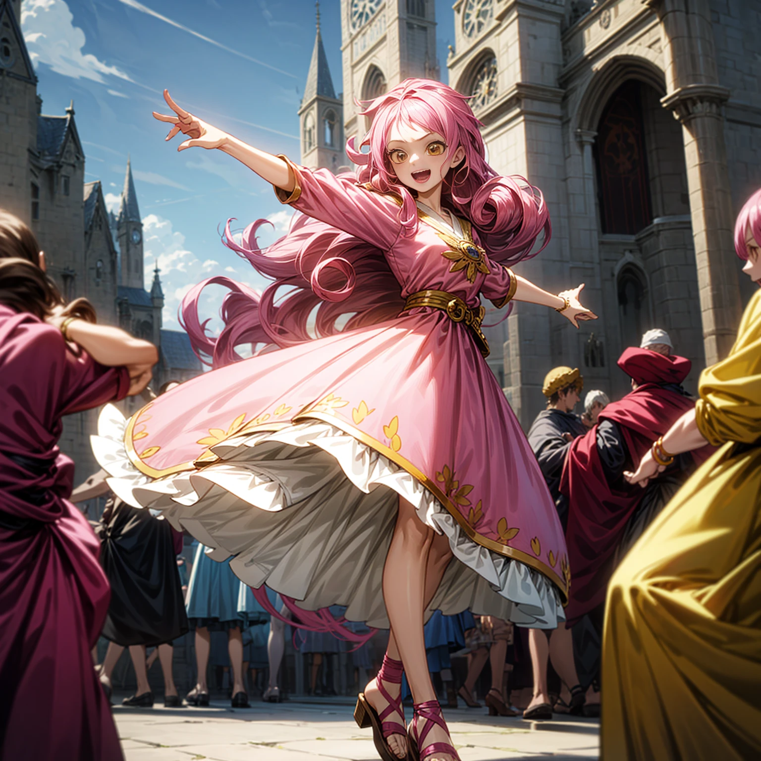 Solo character, full body version, young girl, long curly hair, pink colored hair, yellow eyes, open mouth, happy eyes, medieval outfit famele, sandals, town, carnival, skyblue, dancing gesture, (one piece style art), people, motion blur 
