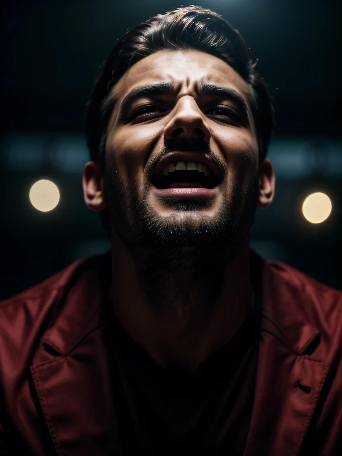 man screaming with pleasure and excitement lying on a bed looking up, expression of despair, 30s, round face, cinematic, detailed, (best quality, 4k, 8k, high resolution, masterpiece: 1.2), ultra-detailed, (realistic , photorealistic, photorealistic: 1.37), HDR, UHD, studio lighting, ultra-thin paint, sharp focus, physically based rendering, extreme detail depiction, professional, vivid colors, bokeh, portrait