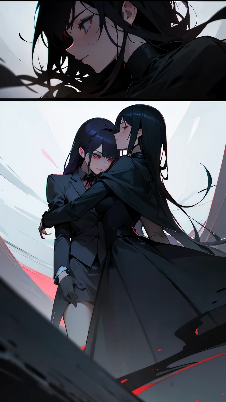 Girl Loves Woman, dark, dynamic pose, Two Girls, Excellent quality, lots of detail, Two girls in a relationship, Dark colors, depth, twilight, Darkness, dark colors, danger