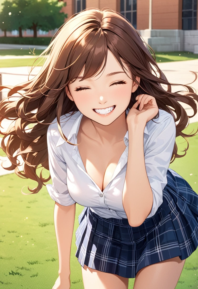 detailed illustration, dynamic angle, ultra-detailed, illustration, 1girl, 18 year old, school girl, wavy brown hair, long hair, bright brown eyes, white blouse, blue plaid skirt, brin, happy, elated, joyful, college campus, outside, grass, buildings, leaning forward, preening, cleavage, medium breasts, grin, closed eyes