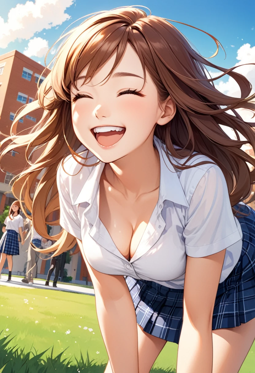 detailed illustration, dynamic angle, ultra-detailed, illustration, 1girl, 18 year old, school girl, wavy brown hair, long hair, bright brown eyes, white blouse, blue plaid skirt, brin, happy, elated, joyful, college campus, outside, grass, buildings, leaning forward, preening, cleavage, medium breasts, grin, closed eyes