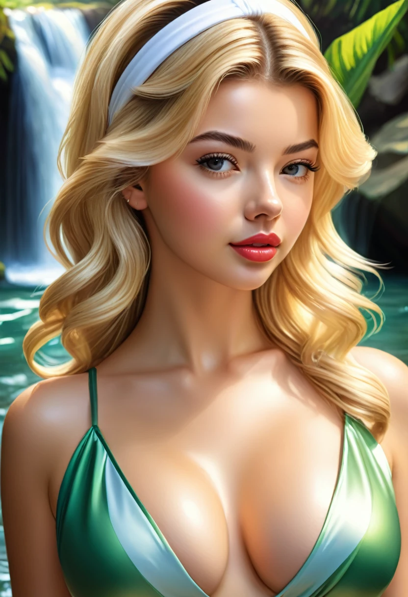 Thirst trap beautiful women that looks like Masiela Lusha. green sun dress, clean girl aesthetic. Her hair iblonde super strait and sleek, White hairband. official art is an award-winning digital masterpiece in 4K Ultra HD, featuring extreme detail and intricate realism. It combines the artistry of Wlop and Artgerm in a stunning 2D vector illustration. The background is a tranquil waterfall. bright colorful.