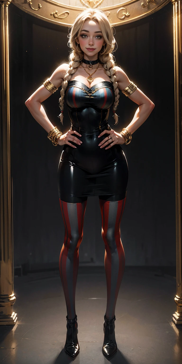 1 solo female full body standing straight symmetrical, looking at viewer, hands on hips, twin drill hairstyles, striped tights, golden bracelets, black choker with a golden heart pendant, hands on hips, confident smile, blushed cheeks