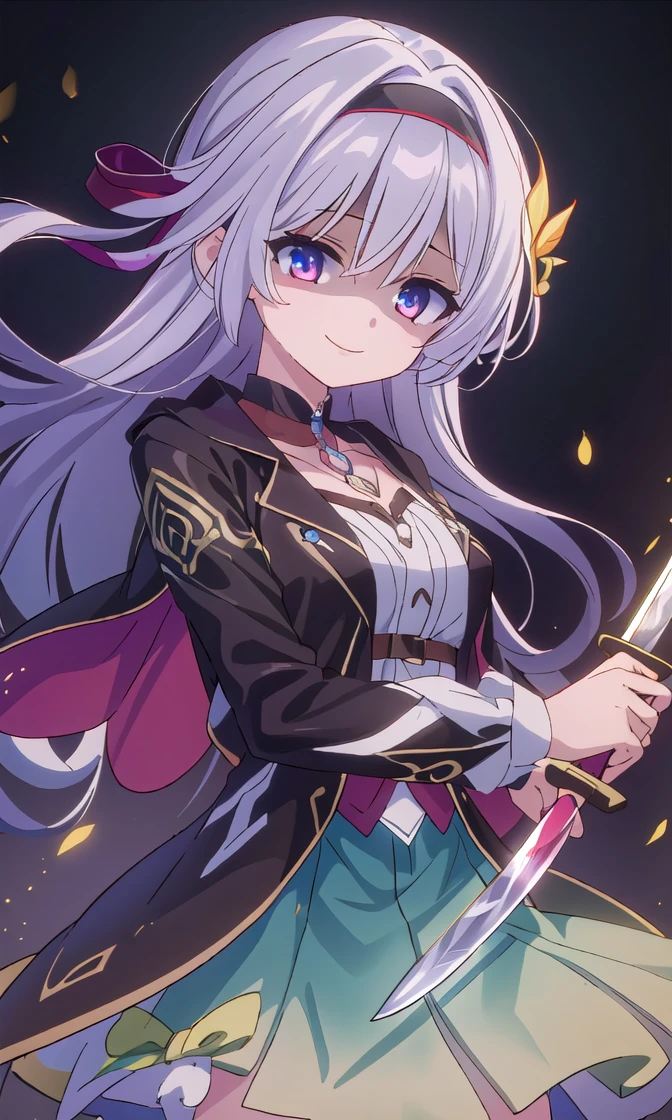 Masterpieces,wallpaper,high resolution,One girl, fire Fly,Black knee socks, hair band, Gradient Skirt, hair ornaments, blouse, Ruffled collar, Cropped jacket,Detailed eyes,intense closeup sho,(((Holding a knife)))),Close your eyes,smile,(shaded face:1.4）,Yandere,artifice