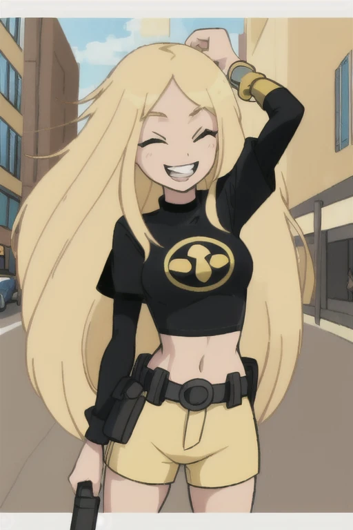 masterpiece,best quality, thick outline, (cartoon),1girl, solo, Terra_DcCartoon, long blonde hair, black shirt, yellow shorts, belt, eyeliner, laughing, in the city, sfw,