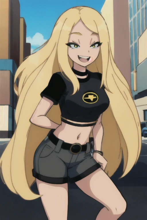 masterpiece,best quality, thick outline, (cartoon),1girl, solo, Terra_DcCartoon, long blonde hair, black shirt, yellow shorts, belt, eyeliner, laughing, in the city, sfw,