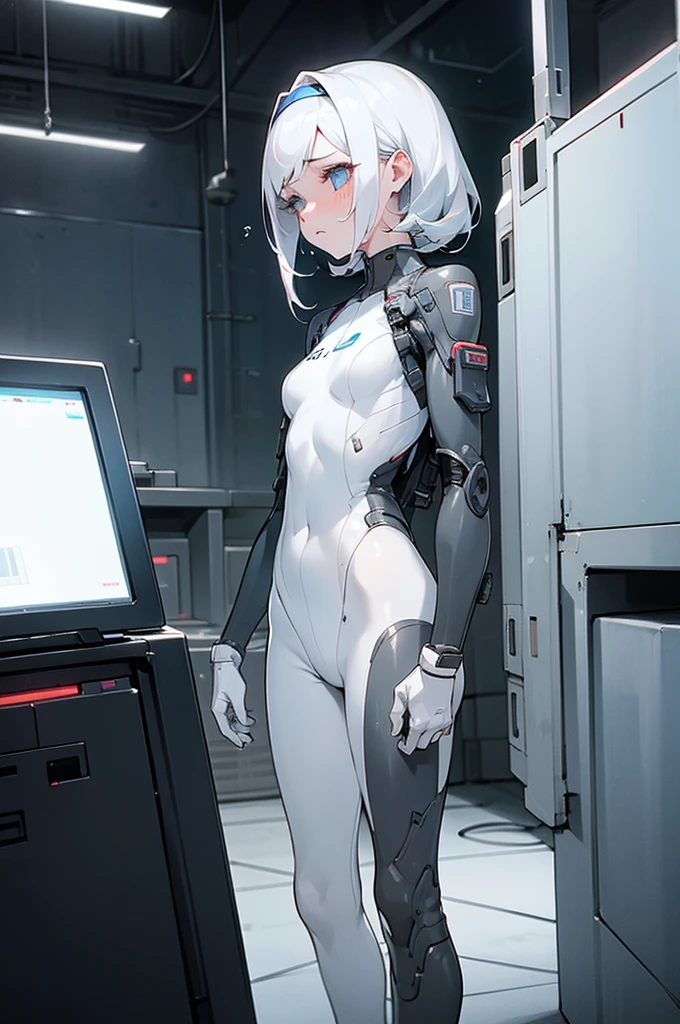 1girl in, bodysuit space suit, tight-fitting suit,white mechanical bodysuit,Cyberpunk Suit,angry, Full face blush, Dress Lift, NSFW, silver mechanical panties, garter strap,, 细致背景, ​masterpiece, top-quality,