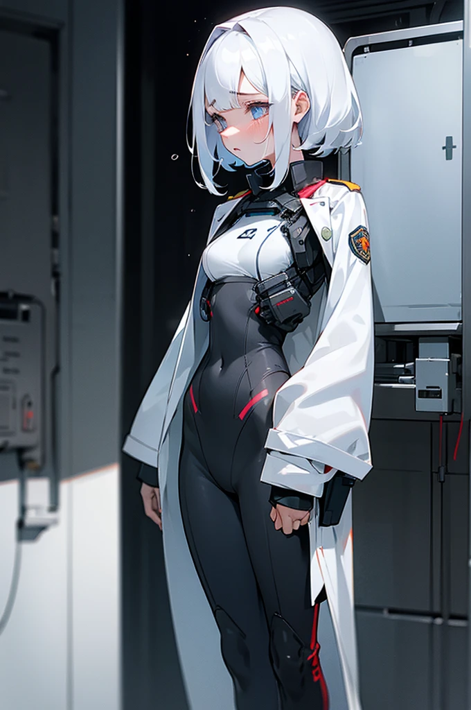 white skin, sad tears, sweat, device room,operator uniform, standing, perfect anatomy, cg, girl, solo, teenage