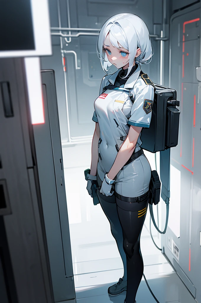 white skin, sad tears, sweat, device room,operator uniform, standing, perfect anatomy, cg, girl, solo, teenage