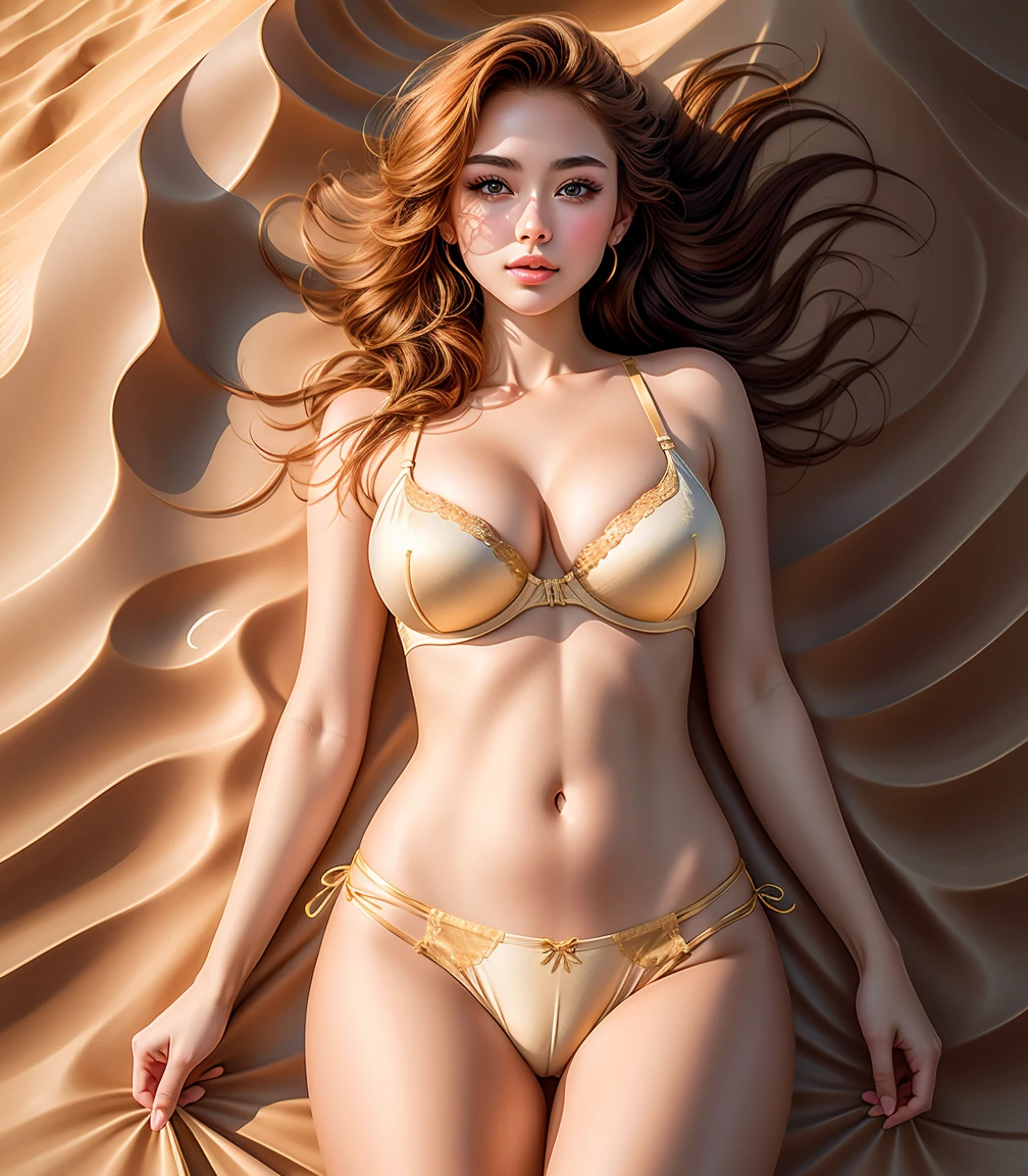ulzzang-6500-v1.1, (CRU photo:1.2), (photorrealistic), beautiful detailed girl, very detailled eyes and face, beautiful detailed eyes, huge filesize, high resolution, very detailled, best qualityer, [tabletop:1.6], illustration, very detailled, nffsw, fine-details, best qualityer, 32K wallpaper, film lighting, on rolling sand dunes beneath a vast, cloudless sky, with the sun casting long shadows and a heat, gold glow, beautfull woman, 17 yr old, perfect body shape, [big fit ass, heavy breasts, D cup: 1.9], Lindos olhos big fit asss, Wavy hair, (micro panties and bra, dynamic pose, erotic body, photo by full body, camel toe