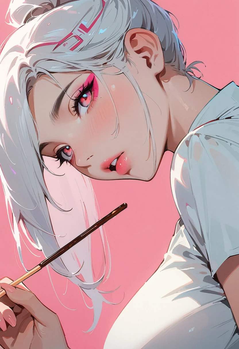 (masterpiece, best quality:1.4), 1 girl, 独奏, Anime style, Pink pupils, Blurred eyes, Holding pocky, Pink lower lip, Cyberpunk style makeup, Silver asymmetrical hairstyle, Long bangs on one side, High ponytail royal sister, sideways, Huge breasts, shirt, Pink background.