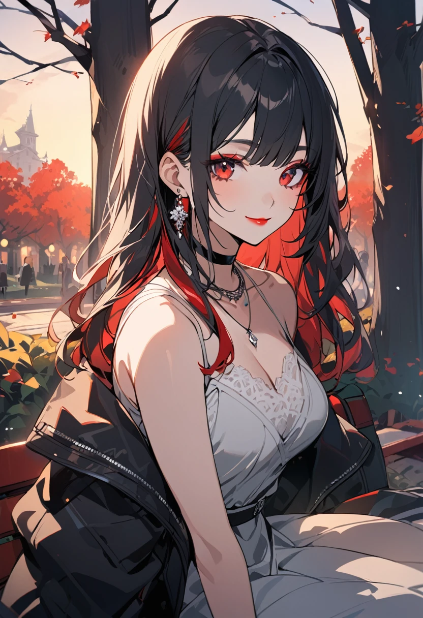 1girl, alone in garden, long hair, breasts, looking at viewer, smile, bangs, shirt, black hair, red eyes, cleavage, bare shoulders, jewelry, medium breasts, closed mouth, jacket, white shirt, upper body , red hair, multicolored hair, earrings, outdoors, sleeveless, solo focus, choker, necklace, off the shoulder, gray dress, two-tone hair, black jacket, makeup, evening, black choker, red lips, outdoors sitting on the winter bench, outdoors, several trees, alone in the garden,
