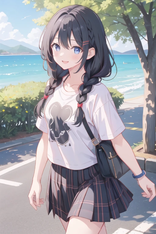 Girl with black braided hair、T-shirt and plaid skirt、Walking through a park overlooking the sea、smile