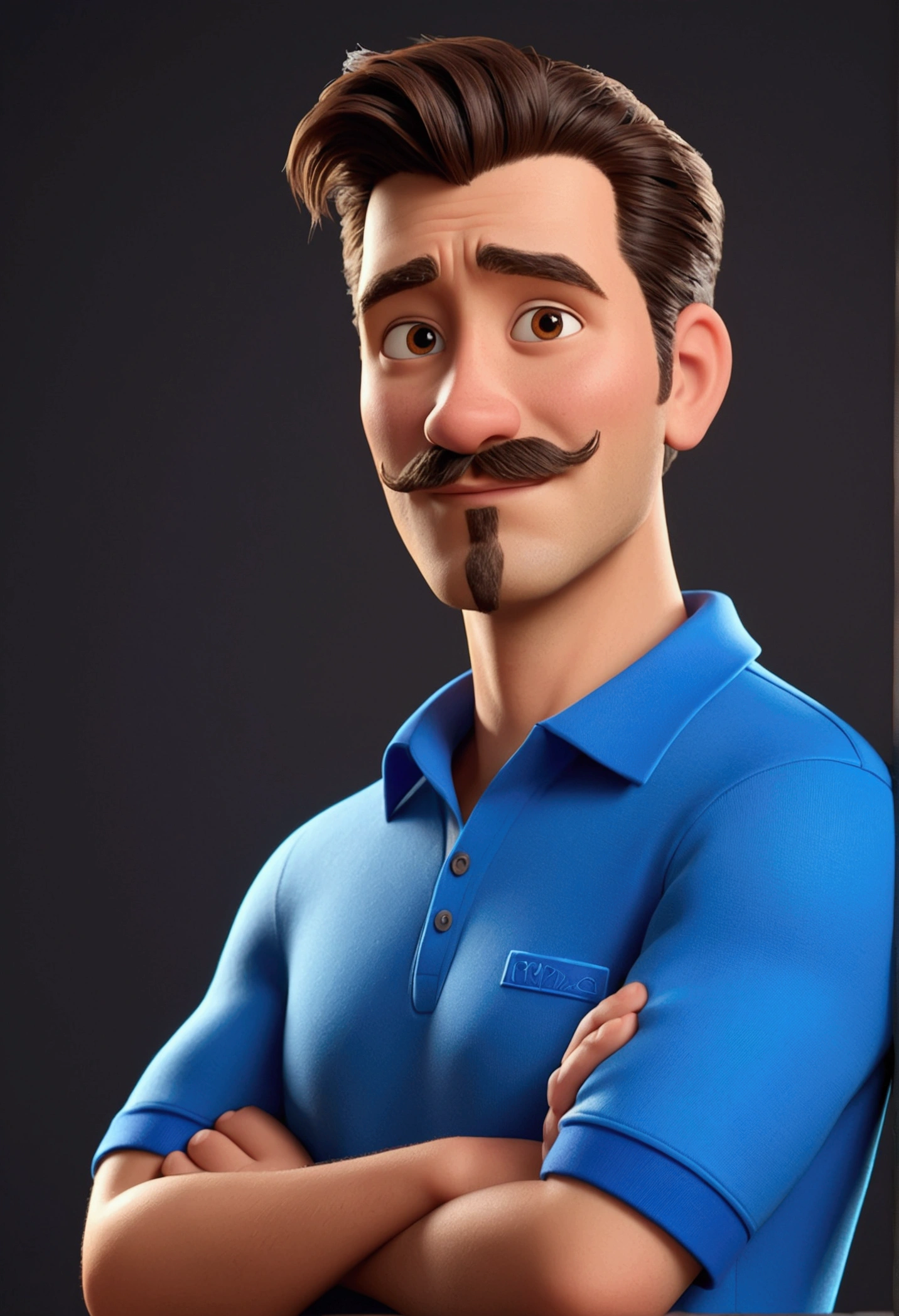 Cartoon character of a man with brown eyes , age 25 years, with mustache and goatee beard, blue polo shirt, an animated character, stylized character, animation style rendering, 3d stylized, Arnold Maya rendering, Stylized 3D rendering, toon render screenshot, 3d character, 3d character, Stylized 3D rendering, 3D character rendering, cartoon character, Personagem de close up, character posing, (Pixar-style) (master part:1.2) (bokeh) (best qualityer) (skin detailed) (detailed texture) (8k) (Argilla) (cinematic lighting) (sharp focus，Sit down and lift your upper body