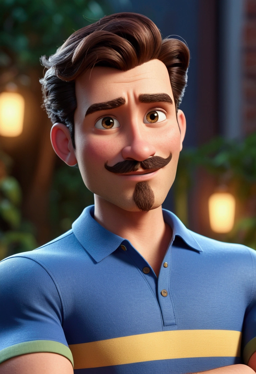 Cartoon character of a man with brown eyes , age 25 years, with mustache and goatee beard, blue polo shirt, an animated character, stylized character, animation style rendering, 3d stylized, Arnold Maya rendering, Stylized 3D rendering, toon render screenshot, 3d character, 3d character, Stylized 3D rendering, 3D character rendering, cartoon character, Personagem de close up, character posing, (Pixar-style) (master part:1.2) (bokeh) (best qualityer) (skin detailed) (detailed texture) (8k) (Argilla) (cinematic lighting) (sharp focus,Sit down and lift your upper body