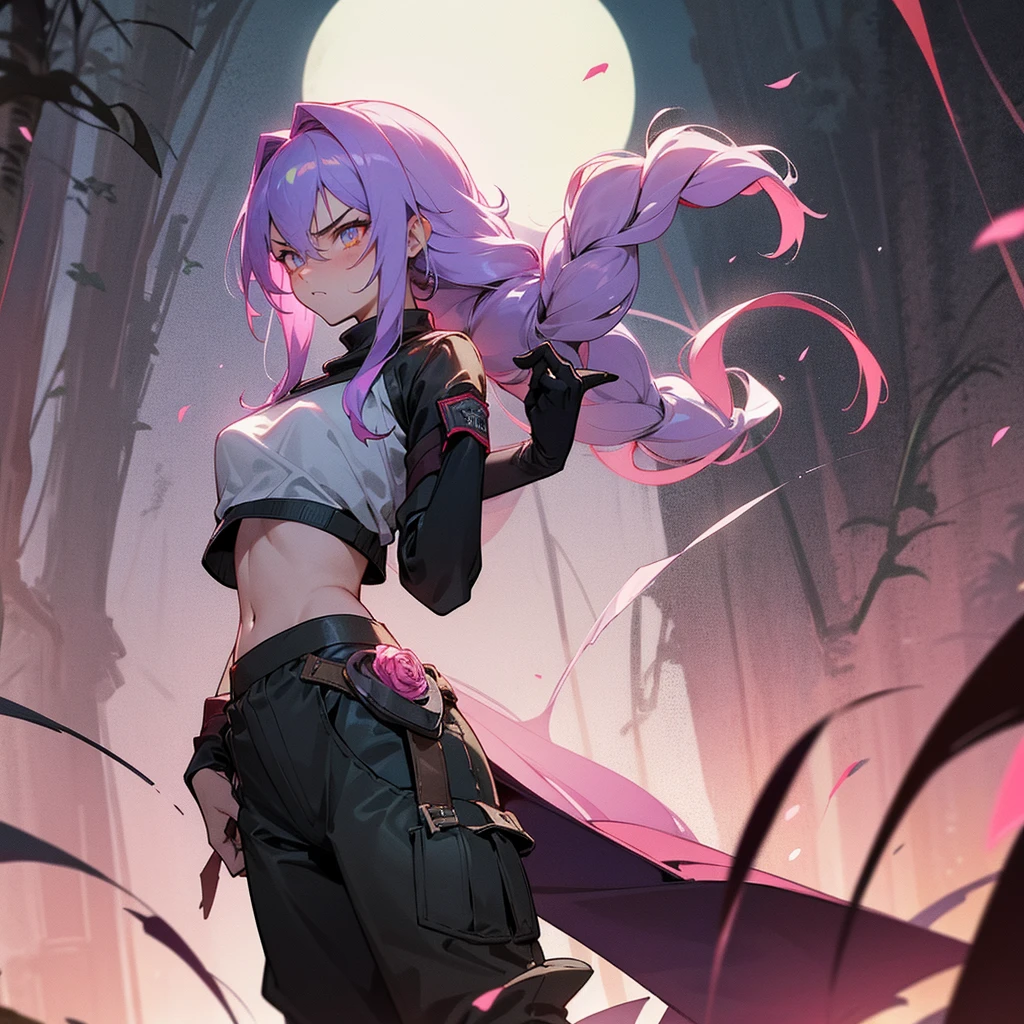 1female, sexy, , finely detailed rose eyes, wild long hair, braided hair, fluorescent rose color hair, adventurer gear, crop top sweater, baggy combat pants, night time, dark forest, somber expression, angry, flowers, standing on path, lanturns, black armband