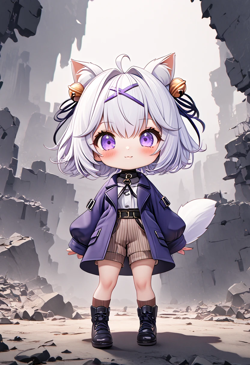 master piece, best quality, ultra-detailed, illustration, 1girl, solo, chibi, (big head), cute pose, front view, looking at viewer, ((full body Close up)), Filiansailor, (purple hairclip:1.6), (hair bell:1.5), white hair, short hair, cat ears, ahoge, purple eyes, blush, smiling, fluffy tail, ((dark blue coat)), long sleeves, brown striped shorts, brown knee socks, (dark blue shoes) , battlefield background, gloomy atmosphere, broken castle, broken walls, broken windows