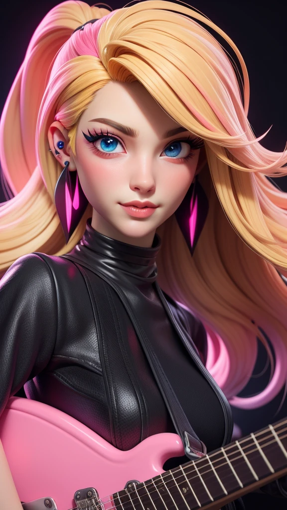 masterpiece, best quality,3d rending work,3DMM style, close-up, portrait, 3D,1girl, solo, perfect face, long hair, Electric guitar band black clothes, long blonde hair dyed with pink and with cute fluffy bangs well styled, hair dyed with pink color, detailed light blue eyes highlight light reflecting in her eyes, looking straight to the viewer, realistic, upper body, concert background, colorful lighting, lips, edgy makeup, black shade of makeup on eyelids, ear piercing, fair skin, perfect hourglass body, she has sharp jawline, holding a black electric guitar, The artwork should have the best quality, with ultra-detailed and realistic features. The color palette should be vivid, and the lighting should emphasize the character's facial structure and expression.