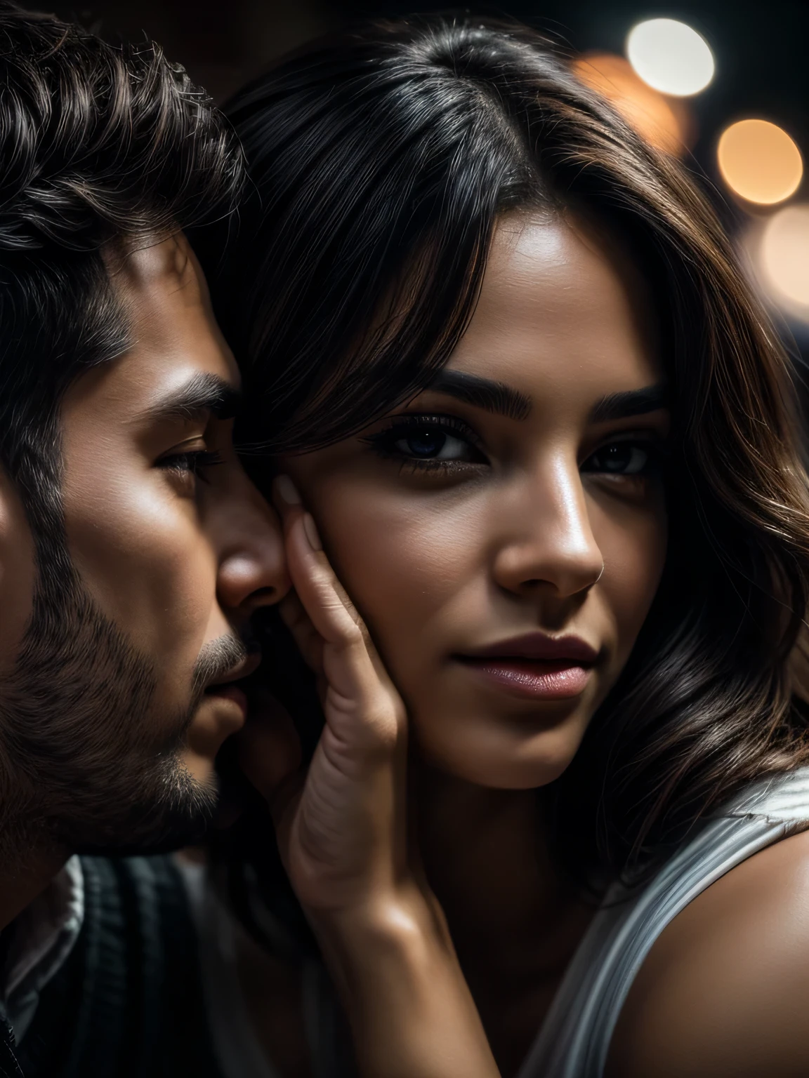 man whispering in a woman's ear in an intimate moment, 30s, round face, cinematic, detailed, (best quality, 4k, 8k, high resolution, masterpiece: 1.2), ultra-detailed, (realistic, photorealistic, photo-realistic : 1.37), HDR, UHD, Studio Lighting, Ultra-Fine Painting, Sharp Focus, Physically Based Rendering, Extreme Detail Description, Professional, Vivid Colors, Bokeh, Portrait