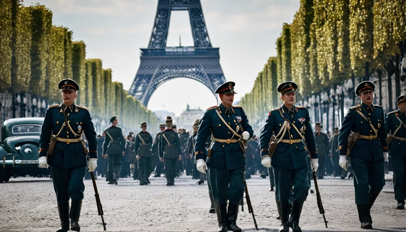 Exercito Machando Champs Élysées ((Paris 1943))); shallow depth of field, highly detailed, high budget Hollywood film, bokeh, cinemascope, epic, gorgeous, film grain; "(Best Quality,High resolution); (bright and intense colors:1.1),(realist:1.1) graphic art style,Frightening