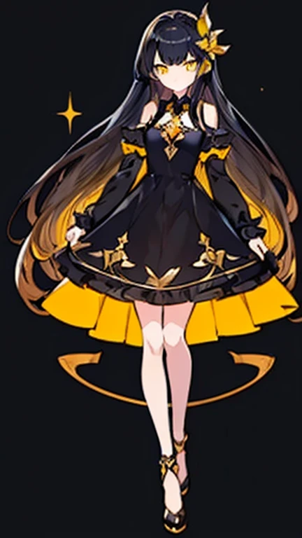 Ultra-precision,masterpiece, Highest quality,(((Full body portrait))),Soshage style､Character portrait,Granblue Fantasy,girl,Beautiful girl,(Look at me),Beautiful face,((Black Hair)),Long Hair,Yellow inner color hair,((Yellow eyes)),Detailed slanted eyes,Long eyelashes,Cool look,(((Black dress))),Slender figure,Small breasts,Simple Background,
