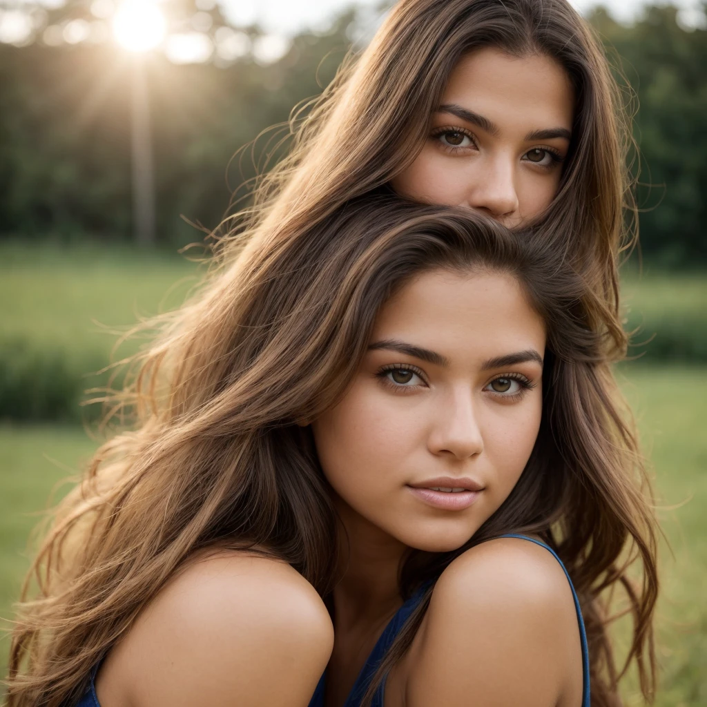 A photorealistic portrait of a 21-year-old colombian girl with long, flowing brownhair and striking brown eyes. She should have a natural, approachable expression and be illuminated by soft, golden-hour sunlight. The background should be a scenic outdoor setting, perhaps a sunlit park or beach. Capture this image with a high-resolution photograph using an 85mm lens for a flattering perspective sexy girl
