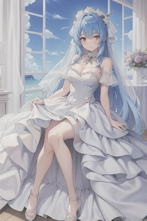 prinz eugen \(warship girls r\),((Masterpiece)), (((Best quality))), ((Ultra-detailed)), ((illustration)), ((Disheveled hair)), ((frilld)), (1 girl), (Solo), Blue hair , Red eyes,Wedding dress,