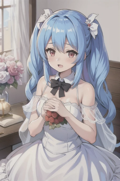 prinz eugen \(warship girls r\),((Masterpiece)), (((Best quality))), ((Ultra-detailed)), ((illustration)), ((Disheveled hair)), ((frilld)), (1 girl), (Solo), Blue hair , Red eyes,Wedding dress，