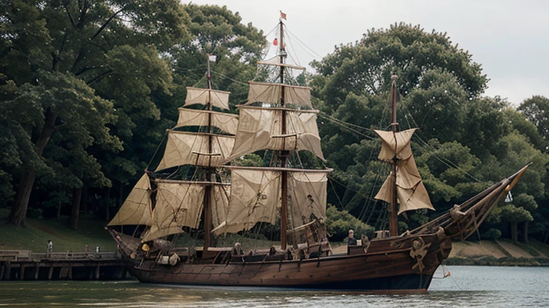 18th century pirate ship, wooden hull, pavillon pirate
