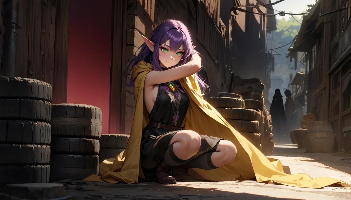 Noble Elf, гMasterpiece, good quality, (1_woman), (Full body), (exotic skin_Complexion), tires, Stand, Nice, exotic, with long elf ears, ((looking away from camera)), big smile, ((Hands above the head)), Carry (((yellow))) hooded cloak), Hood down, (((yellow cape))), brooch, black choker, (Socks) with purple embroidery, long fingerless leather gloves, ((small-sized breast)), Black sleeveless dress, (bright purple hair), long hair, ((nice hair)), realistic and detailed face with diamond-shaped eyes, (((green eyes)), dark_eyeliner, long_eyelashes), Natural dynamic light casts detailed shadows, knee high dark brown boots, Stand outside rustic tavern, woods, mountains in the distance, Sunny day,, serious look, questionable, caring, Investigation procedure, dark alley, natta, natta sky, red light, (Silhouette, hard light:1.2), Nordic style, high quality, beautiful picture, masterclass!