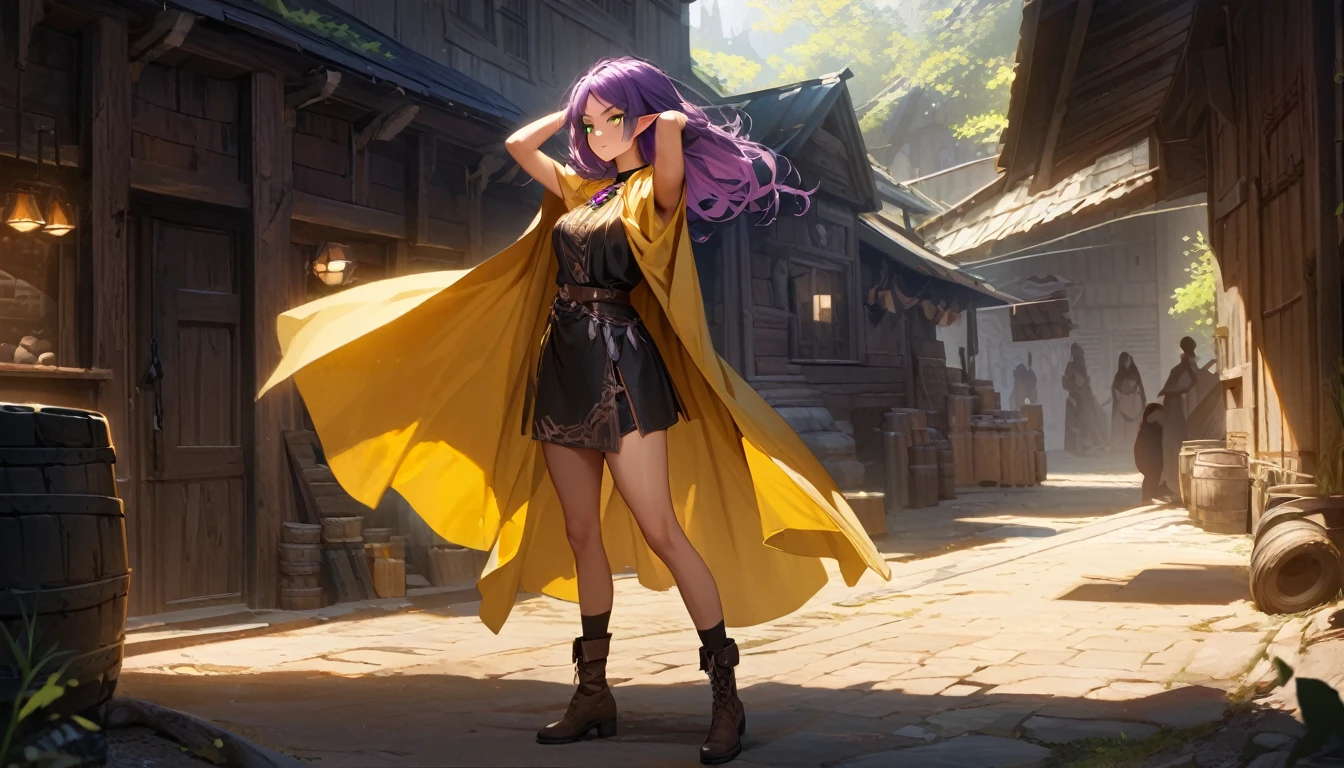 masterpiece, high quality, open forest, temple ruins, 1_women, full body, (exotic skin_complexion:1.4),mature, statuesque, beautiful, exotic, with long elf ears, (looking away from the viewer), ((timid expression)), nervous, wearing (((yellow))) hooded cloak), hood down, yellow cloak, black choker, (thigh highs) with purple embroidery, long fingerless leather gloves, ((small breast)), black dress, bright purple hair, long hair, wavy hair, realistic and detailed face having (((green_eyes)), dark_eyeliner, long_eyelashes), natural dynamic lighting casts detailed shadows, knee high dark brown boots,