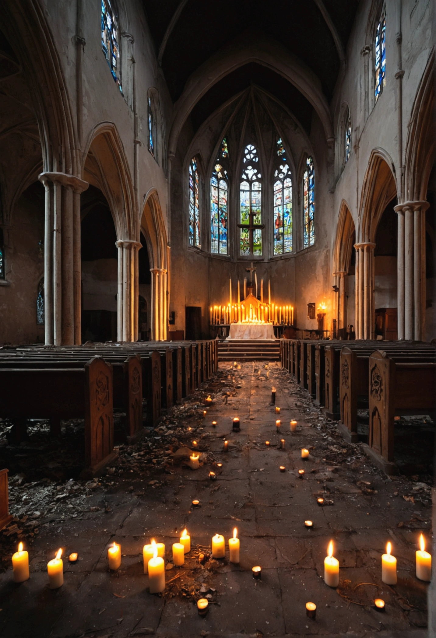 evening, abandoned gothic church interior, candles on the floor