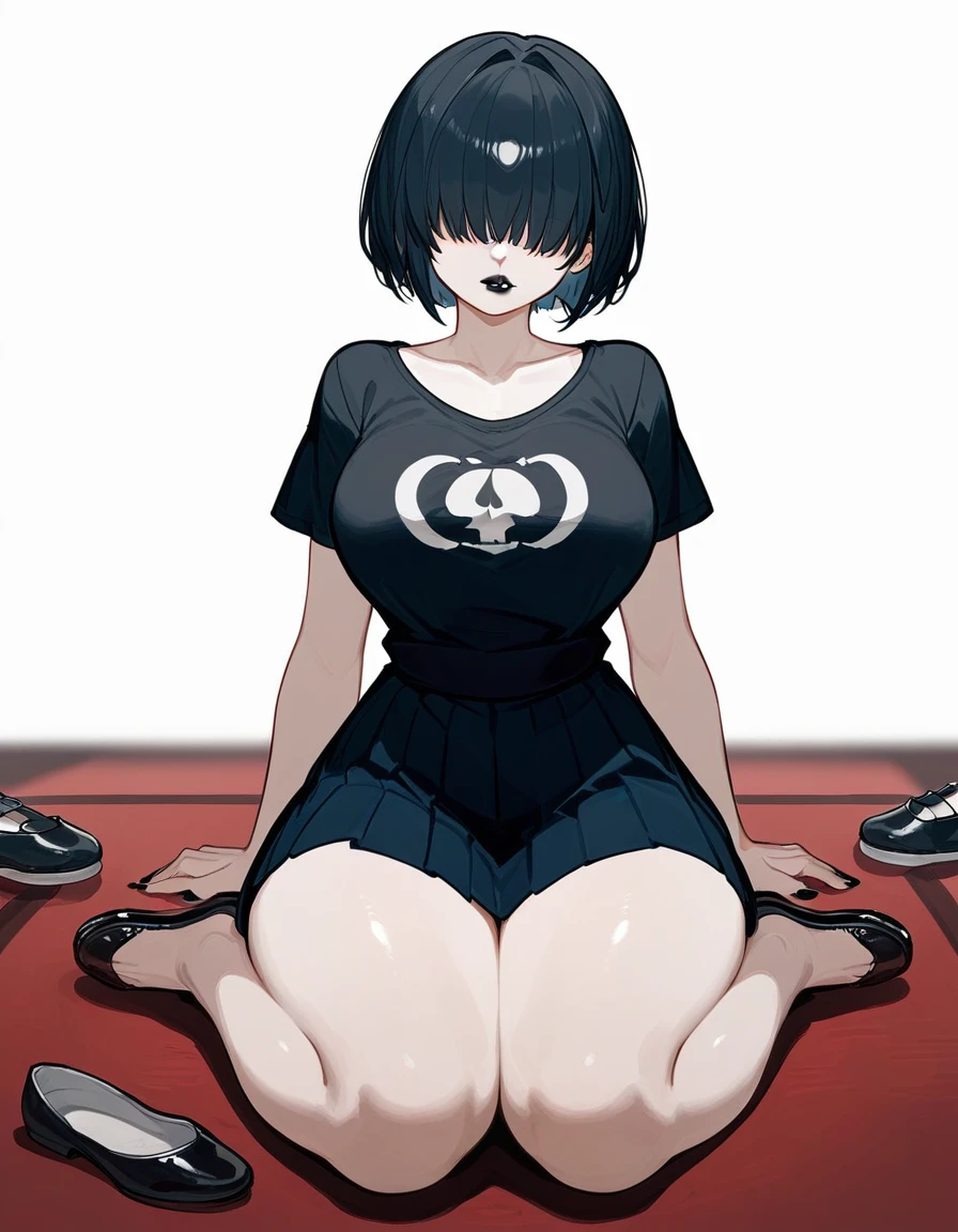 1girl,goth, fair skin, hair bangs covering her eyes, no eyes showing, black lipstick, short bob hairstyle, large breasts,c, slim waist, massive thighs, thick thighs, wide hips, wearing a small tight black t shirt, black pleated microskirt, small black slip on flats, flats shoes, white background , up close, entire body showing, on her knees on the floor