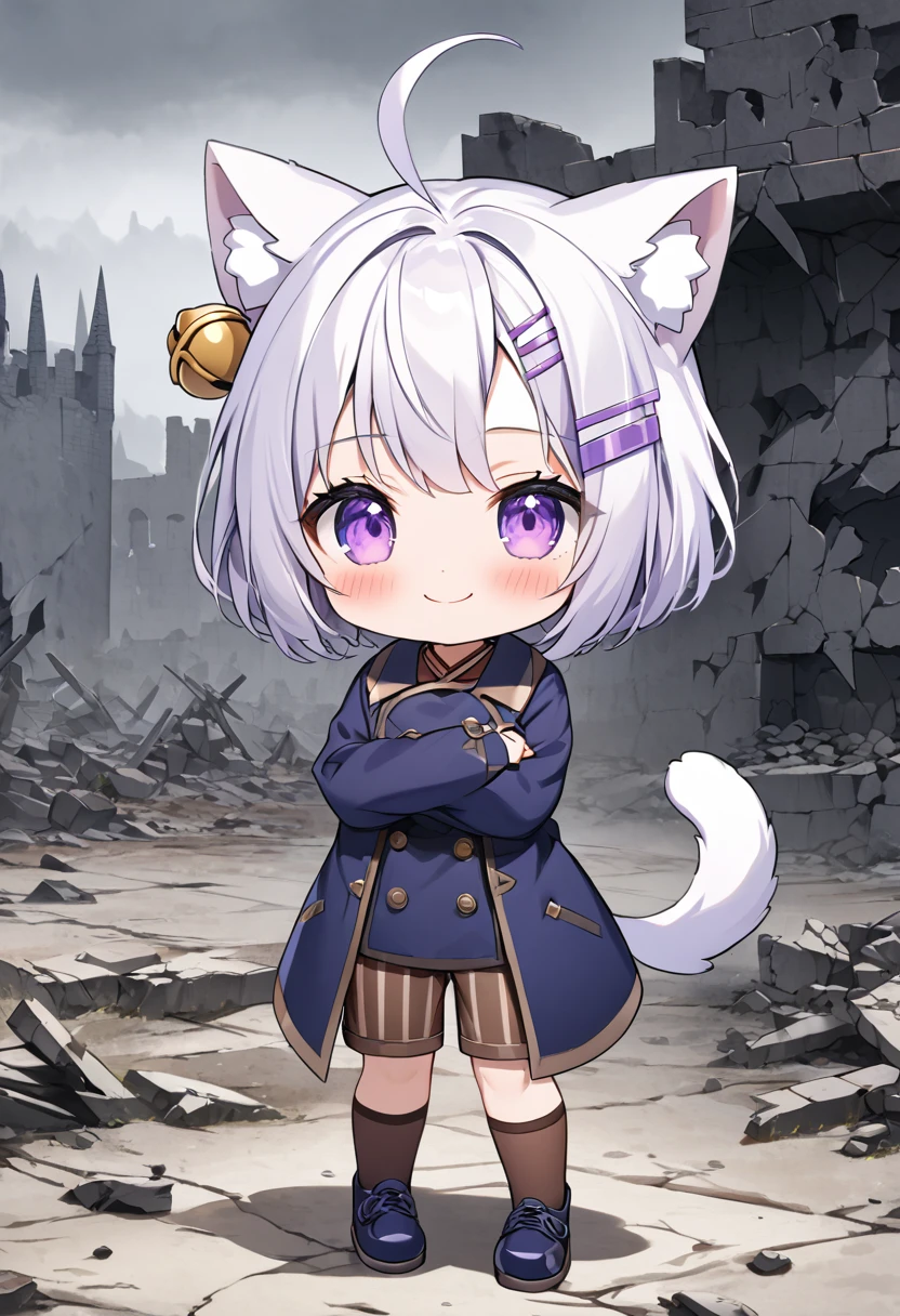 master piece, best quality, ultra-detailed, illustration, 1girl, solo, chibi, (big head), cute pose, front view, looking at viewer, ((full body Close up)), Filiansailor, (purple hairclip:1.6), (hair bell:1.5), white hair, short hair, cat ears, ahoge, purple eyes, blush, smiling, fluffy tail, ((dark blue 8buttons coat)), long sleeves, brown striped shorts, brown knee socks, (dark blue shoes) , battlefield background, gloomy atmosphere, broken castle, broken walls, broken windows