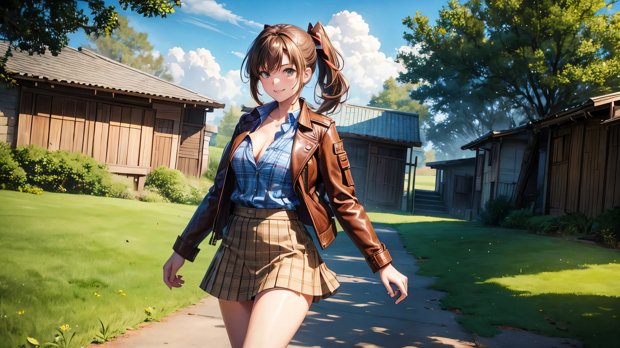 1girl, solo, village house, trees, sun, clouds, ((brown hair)), ponytail, large breasts, ((brown leather jacket)), button down shirt, ((blue checked shirt)), ((unbuttoned shirt)), unbuttoning buttons, cleavage 1:3, green eyes, long skirt, brown boots, smile, happy, looking at the viewer, standing, hair ribbon, golden necklate, wind