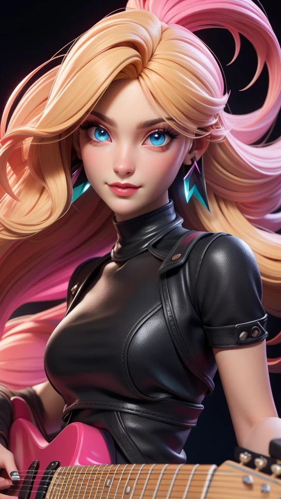 masterpiece, best quality,3d rending work,3DMM style, close-up, portrait, 3D,1girl, solo, perfect face, long hair, Electric guitar band black clothes, long blonde hair dyed with pink and with cute fluffy bangs well styled, hair dyed with pink color, detailed light blue eyes highlight light reflecting in her eyes, looking straight to the viewer, realistic, upper body, concert background, colorful lighting, lips, edgy makeup, black shade of makeup on eyelids, ear piercing, fair skin, perfect hourglass body, she has sharp jawline, holding a black electric guitar, The artwork should have the best quality, with ultra-detailed and realistic features. The color palette should be vivid, and the lighting should emphasize the character's facial structure and expression.