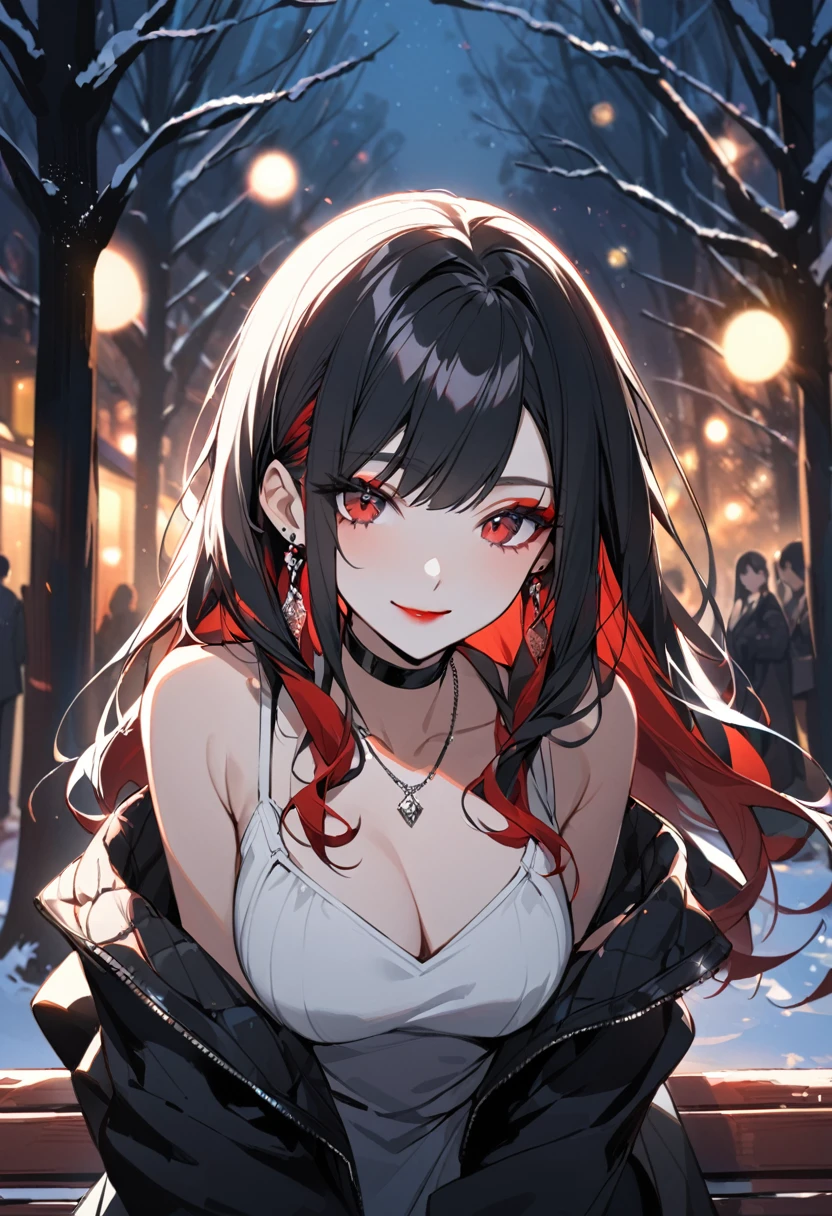 1girl, alone, long hair, breasts, looking at viewer, smile, bangs, shirt, black hair, red eyes, cleavage, bare shoulders, jewelry, medium breasts, closed mouth, jacket, white shirt, upper body, hair redhead, multicolored hair, earrings, outdoors, sleeveless, solo focus, choker, necklace, off the shoulder, gray dress, two-tone hair, black jacket, makeup, night, black choker, red lips, outdoors sitting on bench winter, outdoors, several trees,Alone